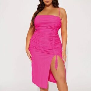 Hot pink ruched midi dress
